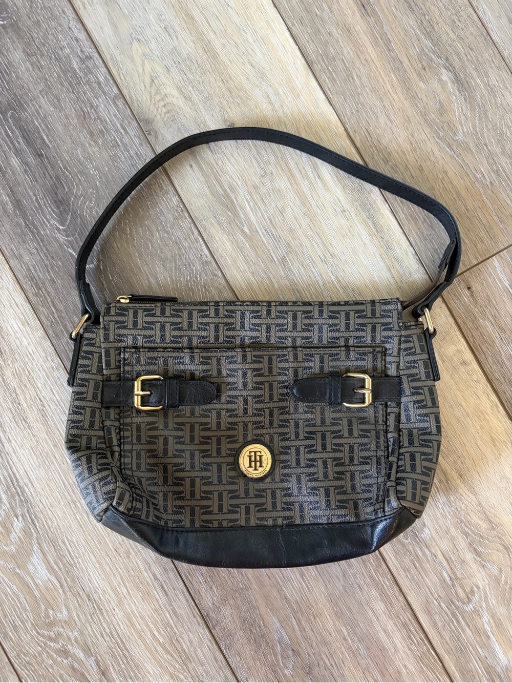 Tommy Hilfiger Vintage Brown & Black Monogram Leather Shoulder Bag